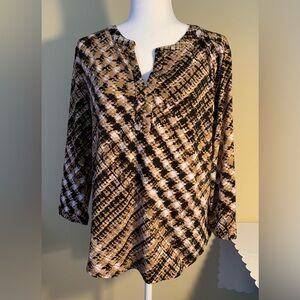 EUC Top: Warm Earth Tones, V-Neck, 2/3-Sleeves, A-Line, Pullover